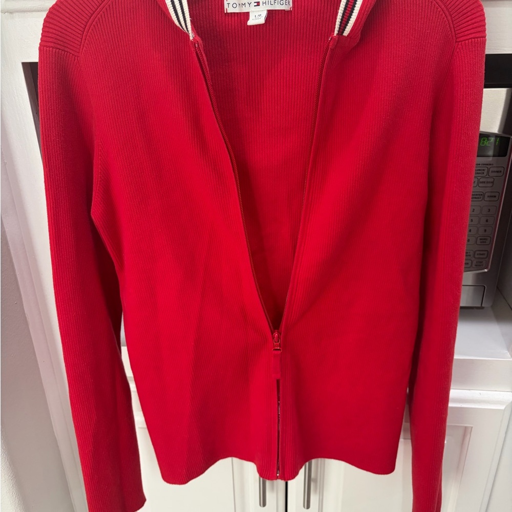 Tommy Hilfiger Ribbed Red Knit full zip up hoodie sweater Slim fit EUC - Picture 6 of 13